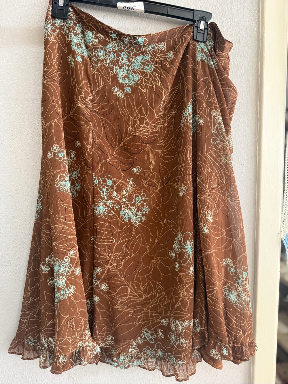 Sag Harbor Brown Midi Skirt with Mint Floral Embroidery